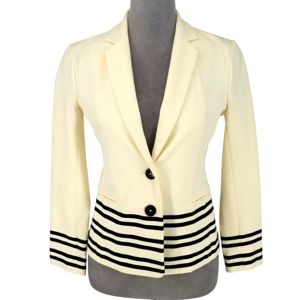 J Crew Jacket Womens XS Beige Black Stripes Stretch Knit Blazer Nautical Career